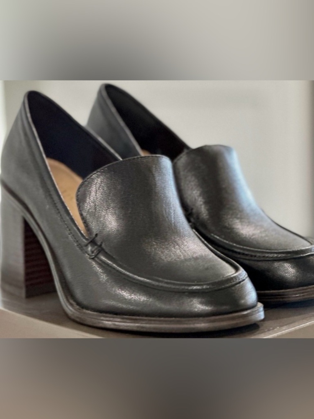 Crown Vintage Black Leather Block-Heel Loafers Size 8